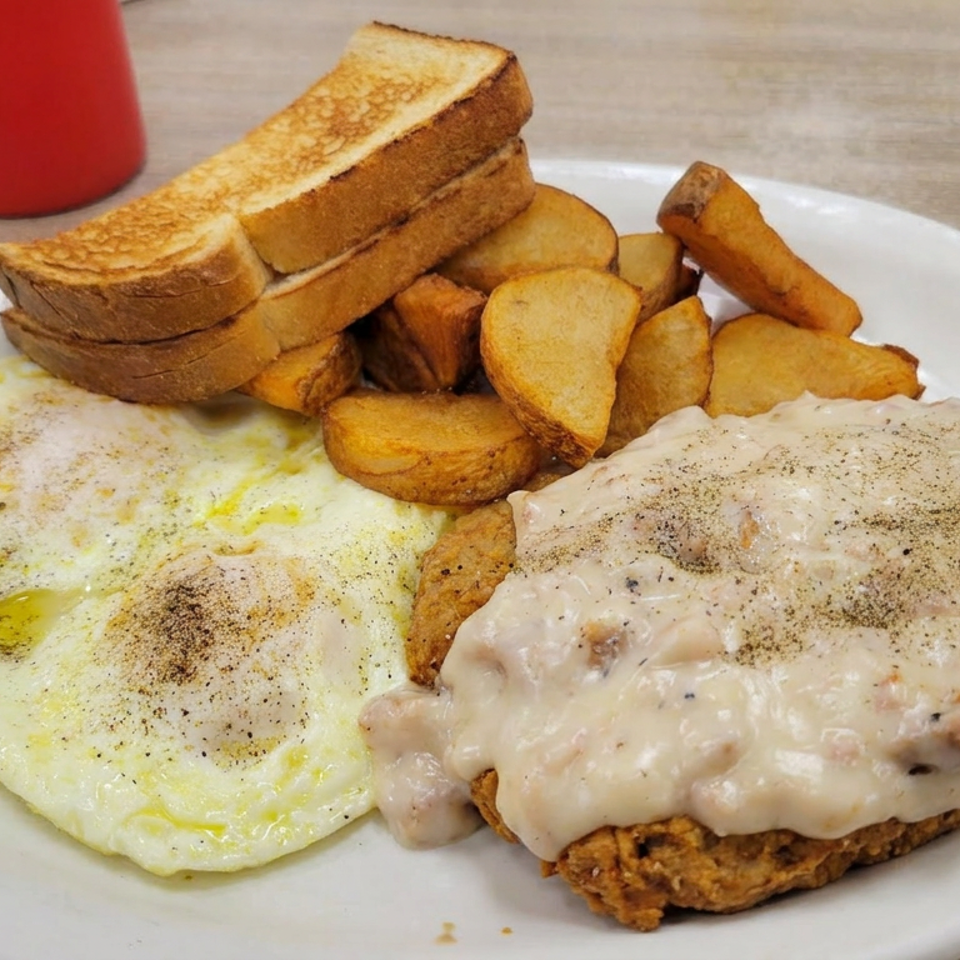 Breakfast plate with fried eggs, biscuits topped with creamy gravy, roasted potatoes, and stacked toast on a white plate.