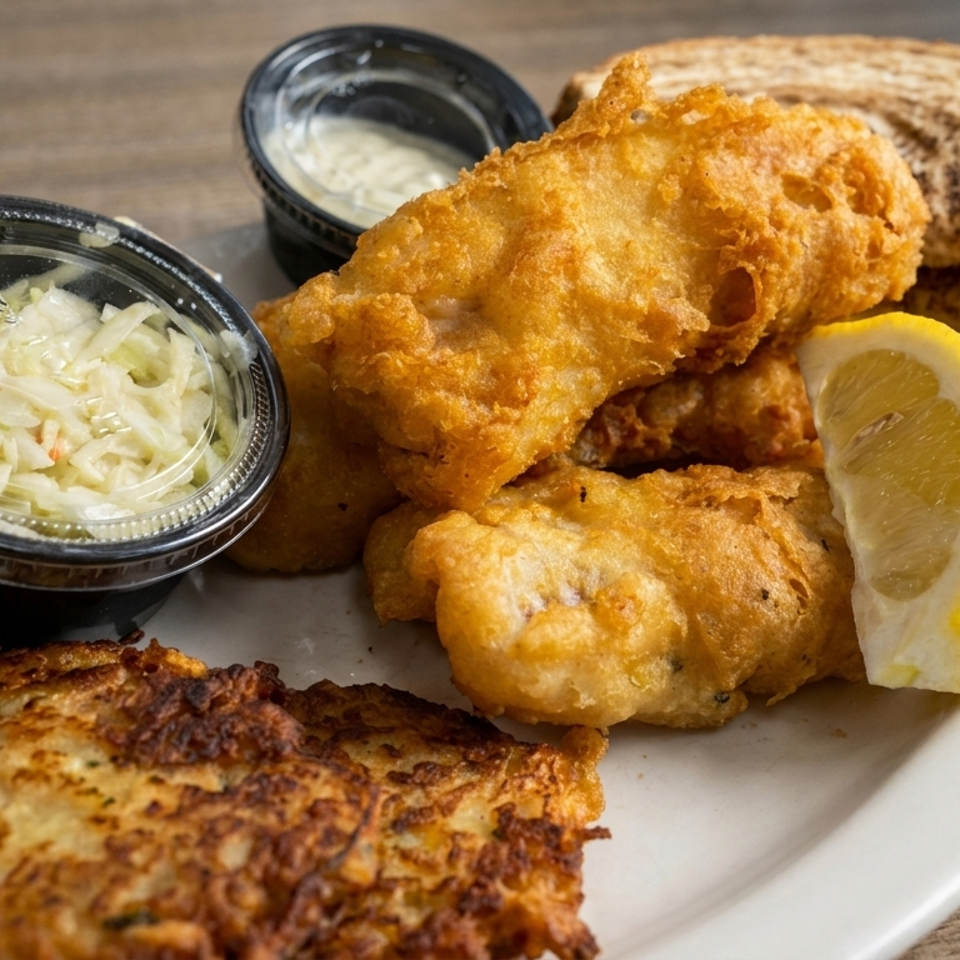 Plate of golden fried fish with potato pancake, coleslaw, tartar sauce, lemon wedge, and rye bread.