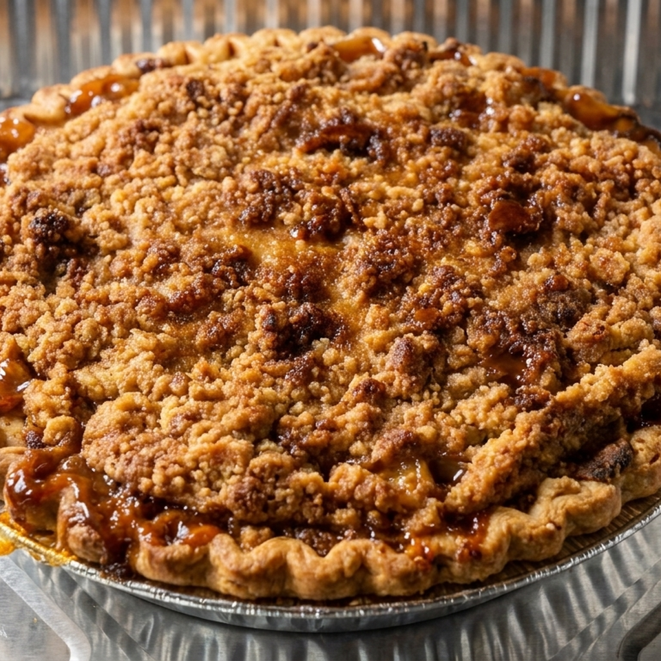 Golden crumb-topped pie with a crimped crust sits in a disposable aluminum baking pan.