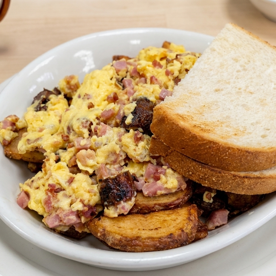 Plate of scrambled eggs with ham, roasted potatoes, and toast on a diner table.
