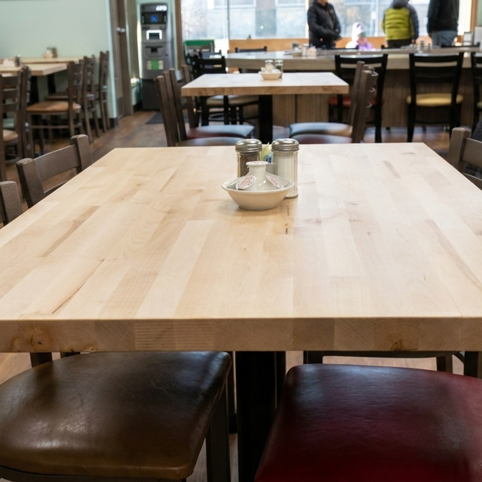 Spacious casual restaurant dining room with wooden tables, leather chairs, condiment shakers, and several diners.