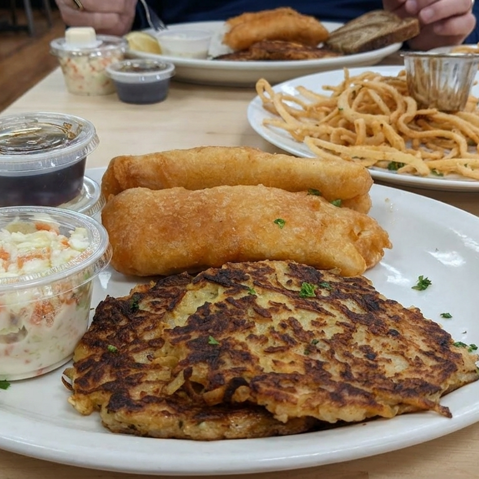 Plate of golden fried fish, potato pancake, coleslaw, and dipping sauce, with curly fries and another meal on a restaurant table.